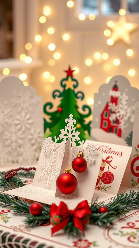 Creative Christmas Card Ideas Using Dies A collection of creative Christmas cards with die-cut designs, including snowflakes, a pop-up tree, and ornaments on a festive table.
